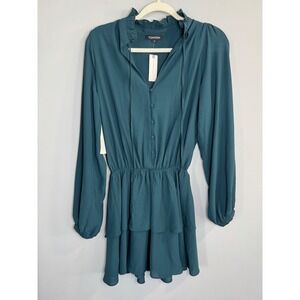 YUMI KIM Holly A‎ Line Dress Teal Green Ruffle Neck Long Sleeve Button Front Med